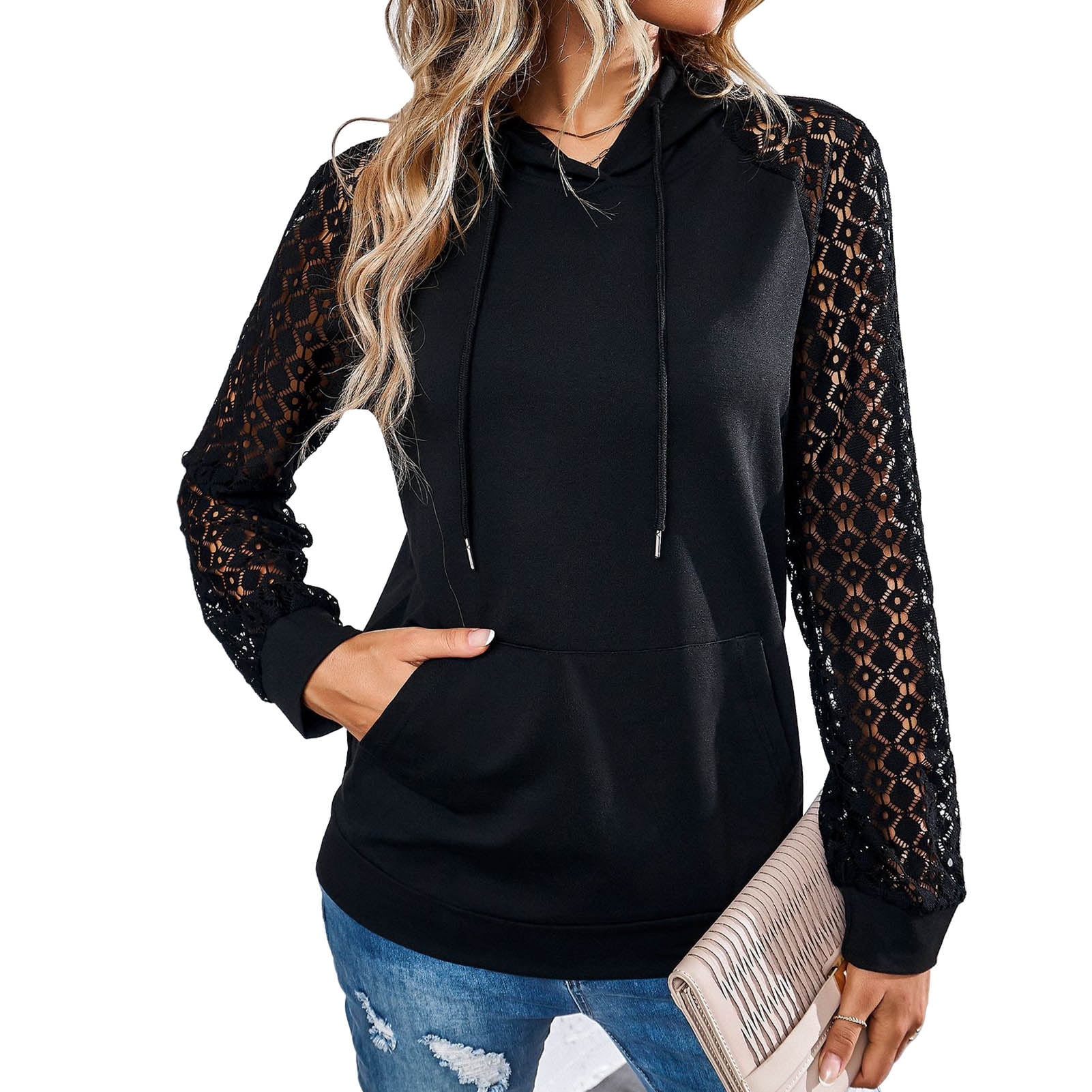 Hoodie Lace Long Sleeve Round Neck Drawstring Pullover Casual