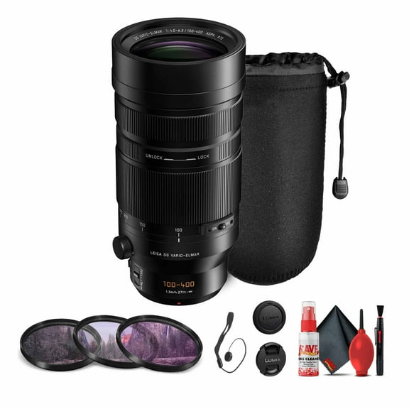 Panasonic Leica DG Vario-Elmar 100-400mm f/4-6.3 Power Lens (H-RSA100400) Bundle Including: 3-Piece Filter Kit, Lens Pouch, Lens Caps, Lens Cap Keeper, Full Cleaning Kit