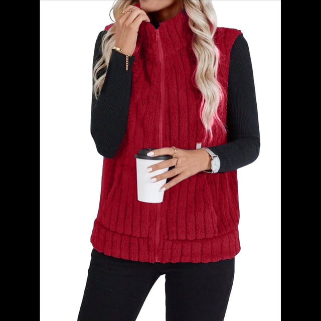 Chaleco Acolchado Sin Mangas para Mujer, Chaqueta con Cremallera, Abrigo de Moda para Otoño y . Rojo S