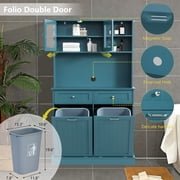 KIGOTY Kitchen Trash Cabinet, Double Tilt Out Trash Can Cabinet with Countertop and Drawer, Free-Standing Pet Proof Recycling Cabinet Garbage Can Holder (67H,Blue)