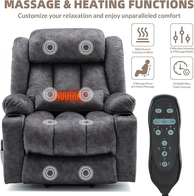 EPICOZY Oversized Dual Motor Power Lift Recliner Chair with Extended Footrest for Big Tall Man, Lay Flat Sleeper Electric Recliner with Massage and Heat, Lumbar Pillow, USB & Type-C Port, Gray