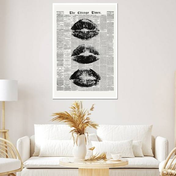 Trendy Newspaper Wall Art Vintage Black And White Kiss Lips Posters Retro Cool Girl Canvas Prints Funky Girly College Wall Decor for Girl Dorm Room Bedroom 12x16in Unframed