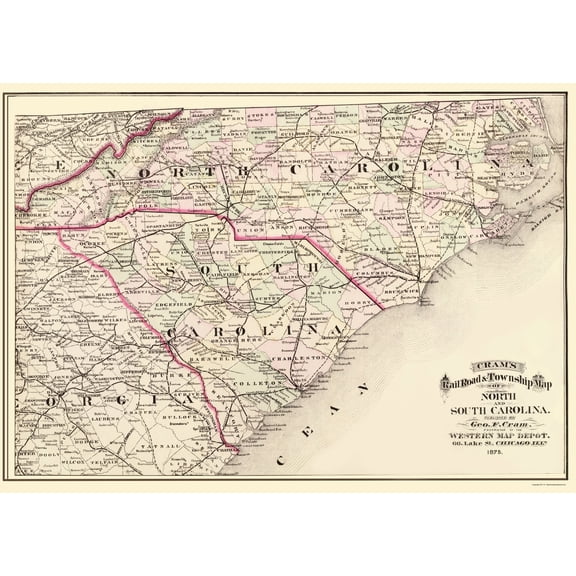 Historic State Map - North Carolina South Carolina - Cram 1875 - Vintage Wall Art