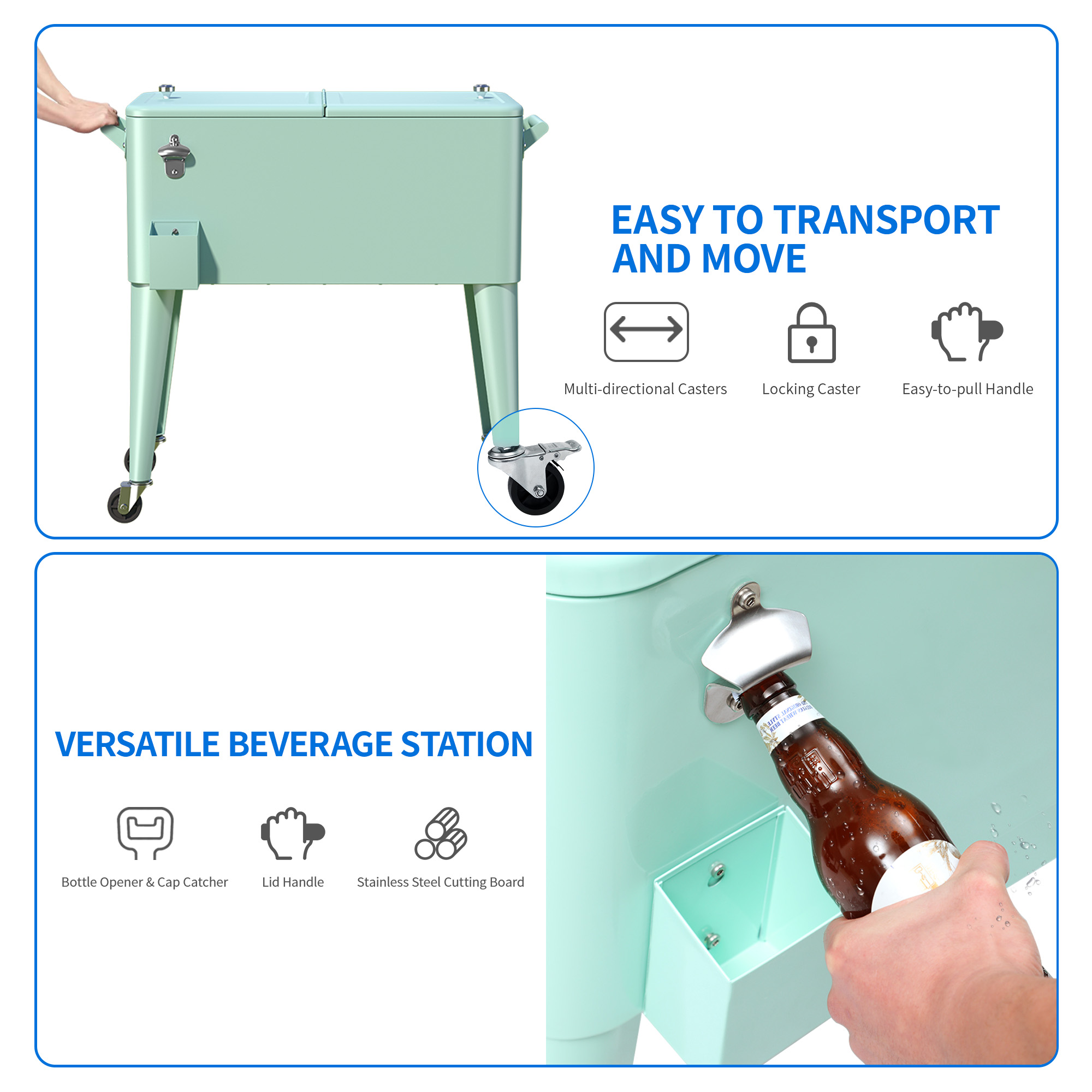 Dextrus 80 Quart Outdoor Rolling Cooler Cart with Bottle Opener Drainage, Portable Beverage Rolling Cart on Wheels, Light Green