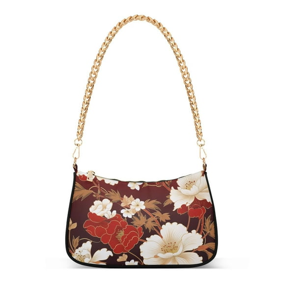 Womens Chain Shoulder Bag Flowers with Red Classic Tote Handbags Fashion Clutch Hobo Purse with Zipper for Travel Casual