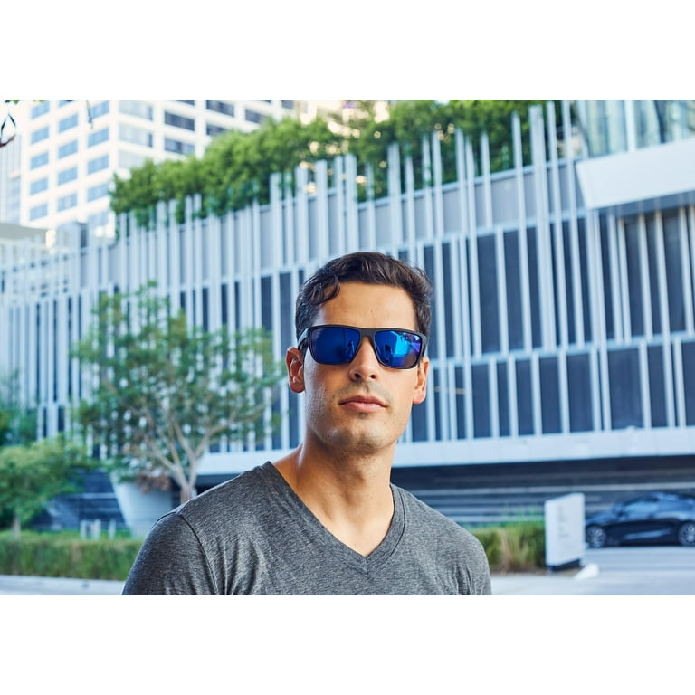 Men's Sporty Polarized Sunglasses - Black Frame / Blue Mirror Lens