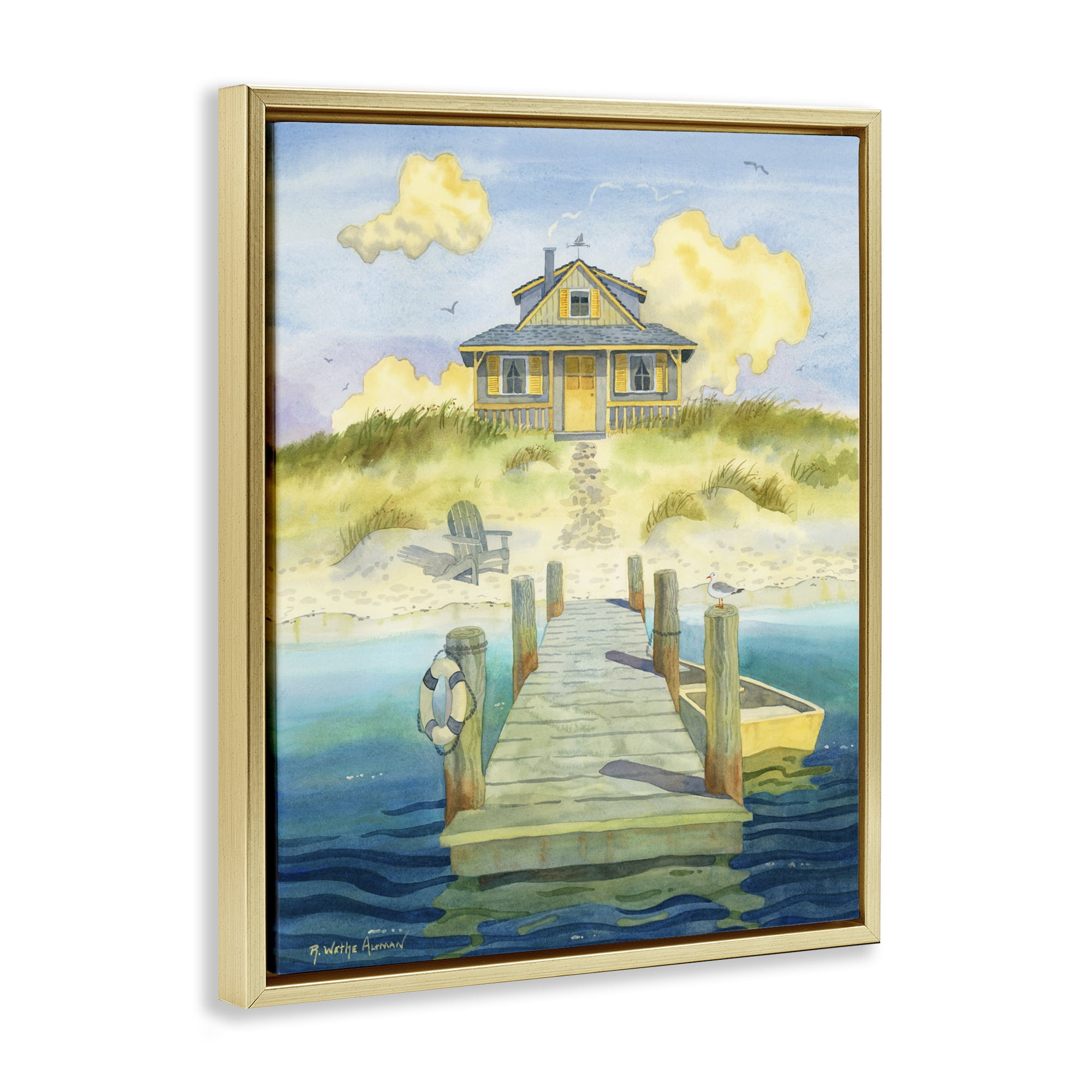 Stupell Industries Welcome Seaside Retreat Cottage Gold Framed Floater Canvas Wall Art, design by Robin Altman