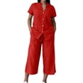 thumbnail image 2 of Sheghy Workout Set 100%Cotton Women Drawstring Waist Blouse & 3/4 Length Wide Leg Pants 2 Piece Linen Blend Set, 2 of 6