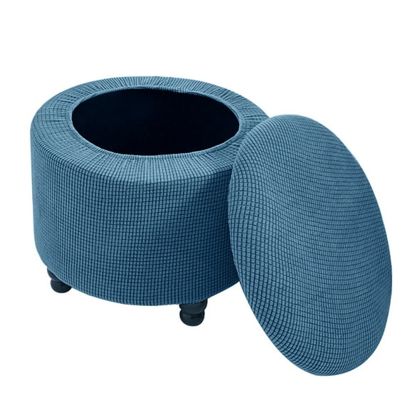 Round Ottoman Cover Stretch Storage Round Ottoman Slipcover Jacquard Folding Storage Round Ottoman Cover Footrest Stool Slipcover Footstool Protector Cover with Elastic Bottom-Blue-17.7"-25.6"