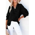 thumbnail image 1 of Women's Black Crinkle Textured Loose Henley Top, 1 of 5