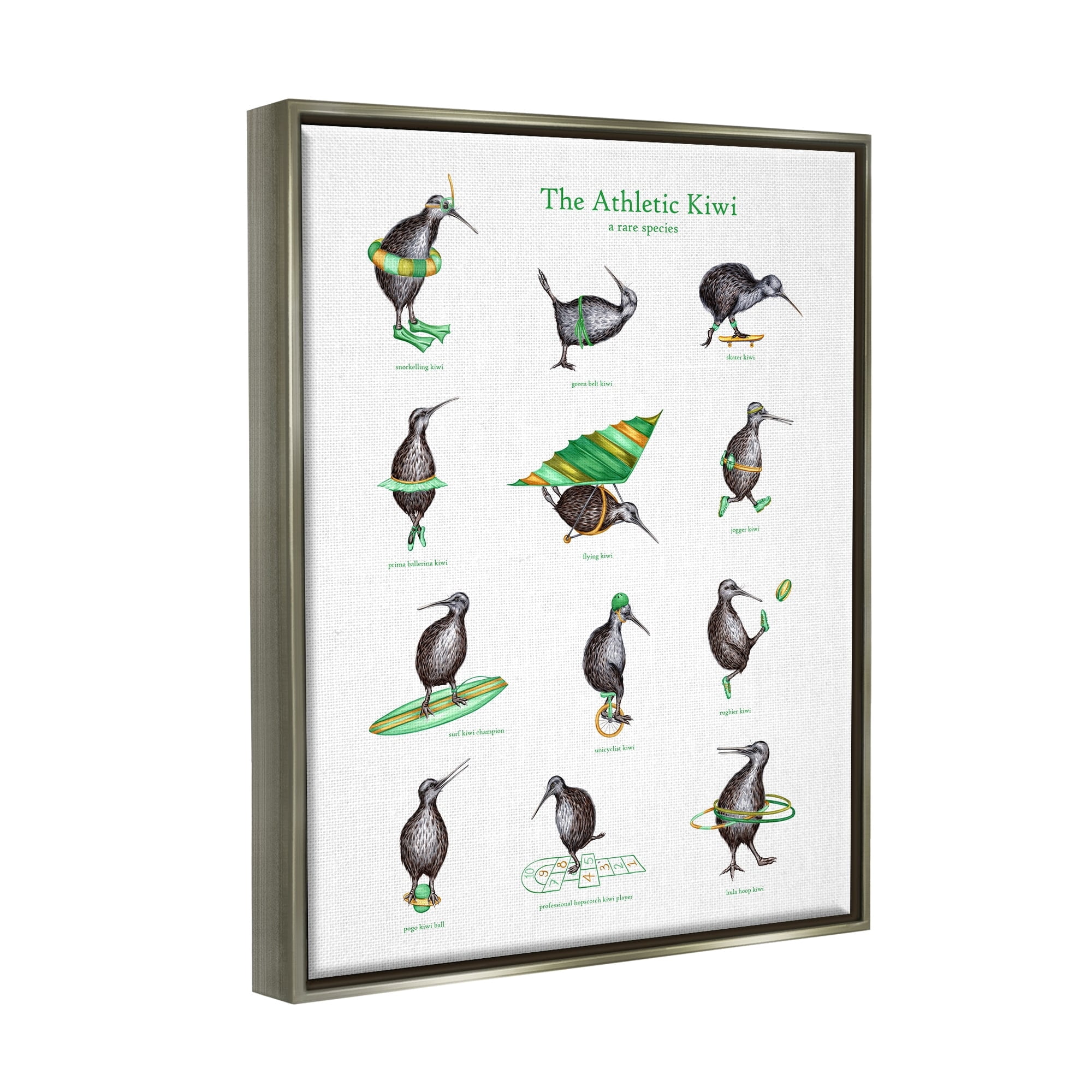 Stupell Industries Athletic Kiwi Various Exercises Bird Drawings Chart Graphic Art Luster Gray Floating Framed Canvas Print Wall Art, Design by Amelie Legault