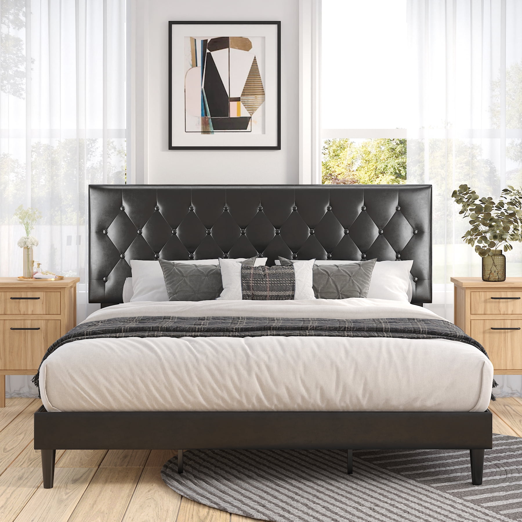 Sha Cerlin King Size Platform bed frame with Adjustable Leather Tufted Headboard, Black