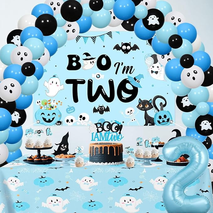 Boo I’m Two Birthday Decoration Boy Halloween Theme Backdrop Cake Cupcake Topper Table Cloth Blue Black Foil Balloon Garland Arch Kit for Two Spooky 2 Years Old Birthday Decoration