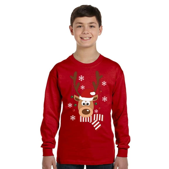Christmas Deer Xmas Long Sleeve Shirts for Kids - Youth XS S M L XL - Merry Christmas Holiday Funny Xmas Tee for Boys for Girls