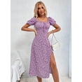 thumbnail image 3 of Lilac Purple Floral Print Long Dress With Square Neck Puff Sleeve And High Slit Hem, 3 of 6