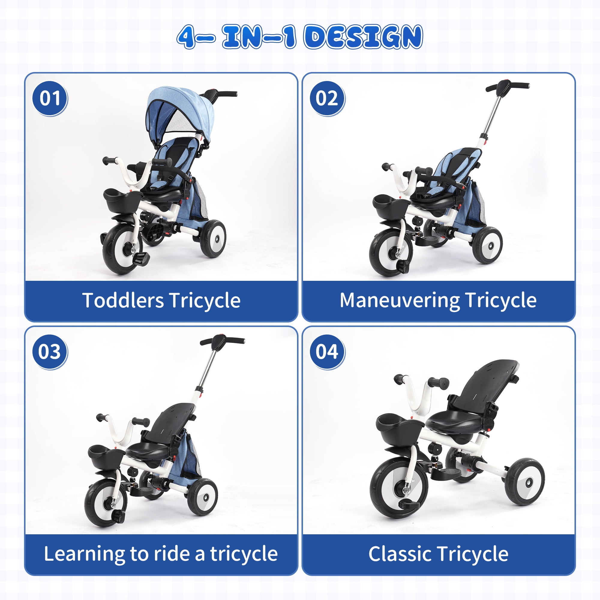 Easoger 4-in-1 Foldable Baby Tricycle, Adjustable Handle, Canopy