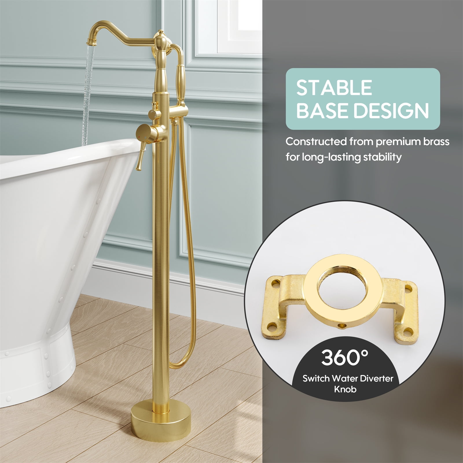 ANGELES HOME Freestanding Tub Faucet with Handheld Shower, Floor Mount Bathtub Filler, Roman Bathtub Faucet with Swivel Spout Brass Rough-in and Water Hose, Brushed Gold