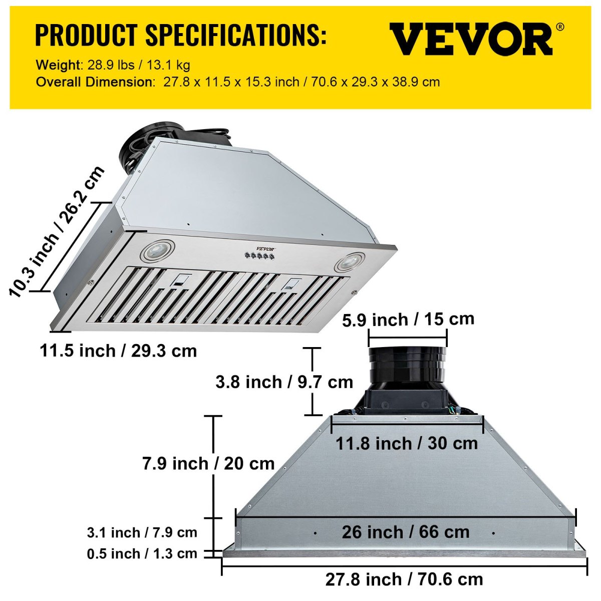 Insert Range Hood 800CFM 3 Speed 30 Inch Stainless Steel Built in Kitchen Vent with Push Button Control LED Lights Baffle Filters Ducted Ductless Convertible ETL Listed