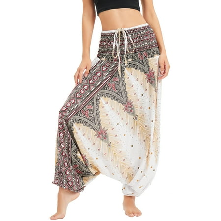 SWSMCLT Women s Harem Yoga Pant Baggy Boho Jumpsuit Beach Drawstring Pant Bloomers Smocked Waist Bohemian Jumper Hippie Romper Balloon Dance White One Size