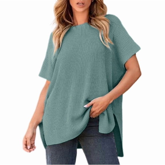Pounoo Short Sleeve Tees for Women Crew Neck Ribbed Knit Tee Oversized Side Slit Top Relaxed Fit Casual Loose Outfits Gift