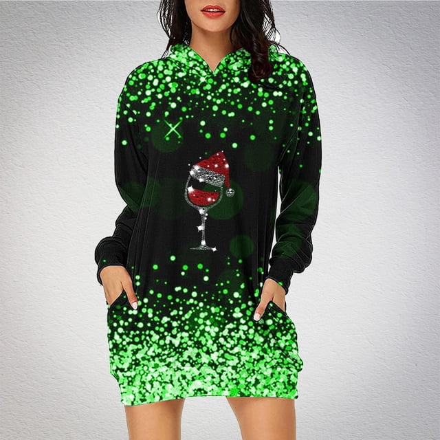 Jsaierl Robe à Capuche de Noël pour Femmes à Manches Longues avec Imprimé Verre de Noël Tunique à Capuche Chandail en Molleton de Noël Robe de Fête avec Poches