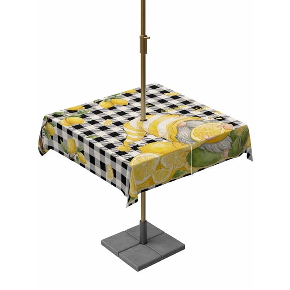 Outdoor Tablecloth with Umbrella Hole for Patio/Picnic/Party/Camping, Lemon Gnomes Waterproof Table Cloth Square Cover Washable, Summer Tropical Fruits Black White Plaid (60"x 60")