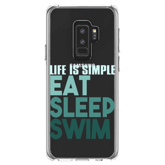 DistinctInk Clear Shockproof Hybrid Case for Samsung Galaxy S9  PLUS (6.2" Screen) - TPU Bumper Acrylic Back Tempered Glass Screen Protector - Life Is Simple Eat Sleep Swim