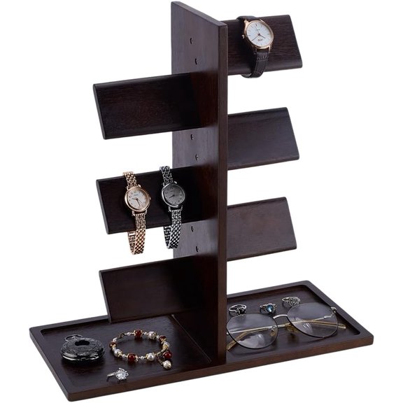 Wooden Watch Display Tower Stands with Tray Jewelry Organizer for Wrist Watches Coconut Brown 34x16x35.8cm