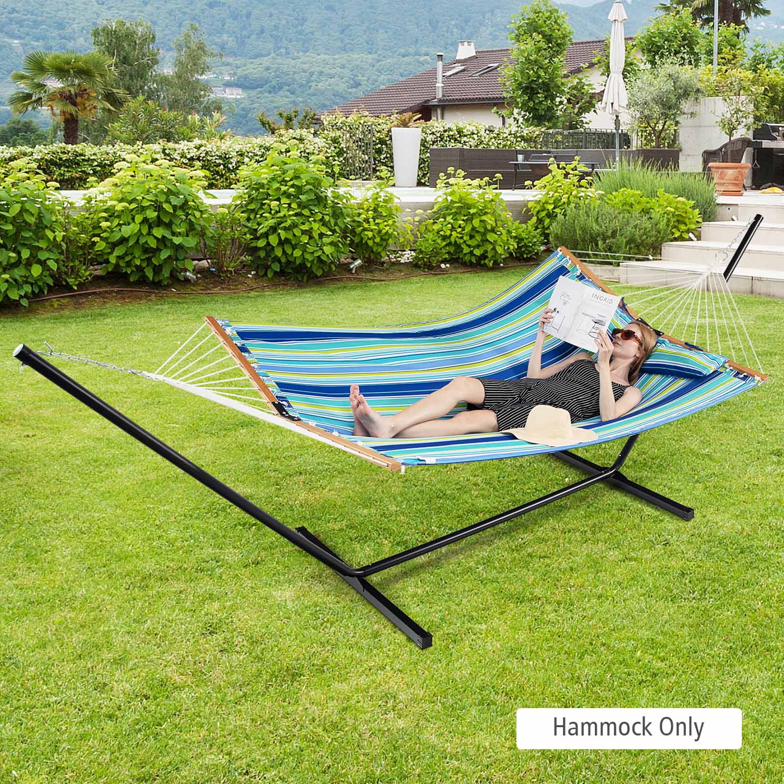 Patiojoy Portable Hammock W/ Spreader Bars & Detachable Pillow Quick Dry & Water Proof Material Hand Woven Cotton Rope Blue + Green