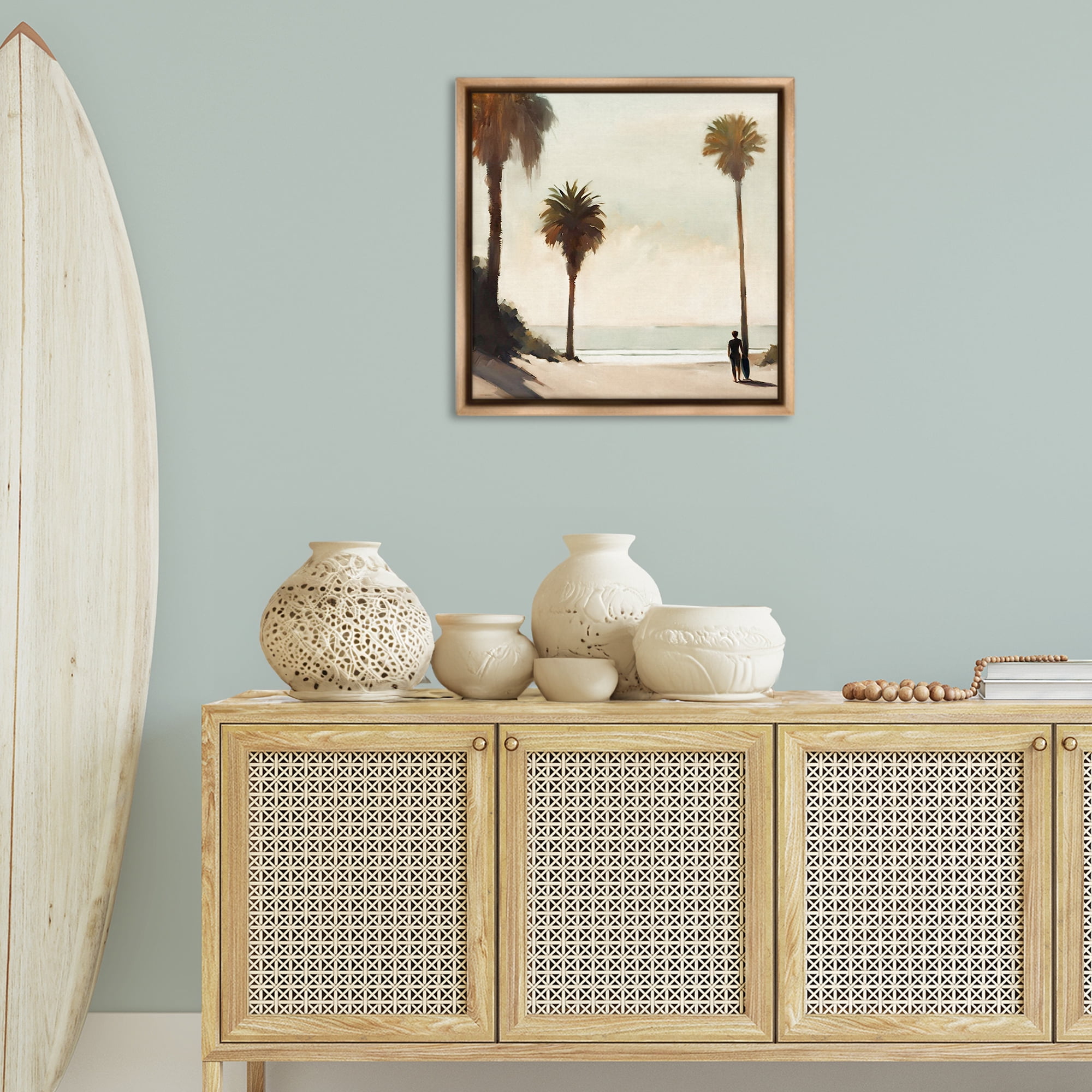 Stupell Industries Surfer with Tropical Palms Landscape & Nature Painting Brown Floater Framed Canvas Art Print Wall Art, 25 x 25