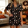 thumbnail image 2 of Women Outfits Halloween Graphic Print Lapel Short Sleeve Belted Ruffled Top And Shorts 2 Piece At Home Wear Women's Clothing Sets L, 2 of 3
