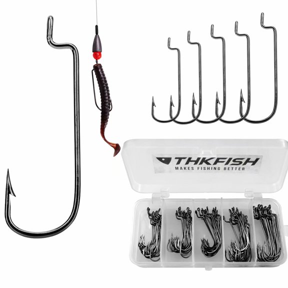 THKFISH 50pcs Offset Hooks with Barbed Shank Worm Hooks Round Bend Replacement Fishing Hooks 2# 1# 1/0# 2/0# 3/0# A-Offset Shank Worm Hooks