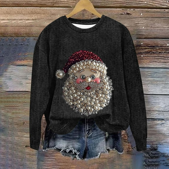 Craaazy Christmas Sweatshirts for Women Long Sleeve Sweatshirt Cute Santa Sweater Funny 3D Digital Print Xmas Pullover Tops Crew Neck Sweaters Womens Shirts