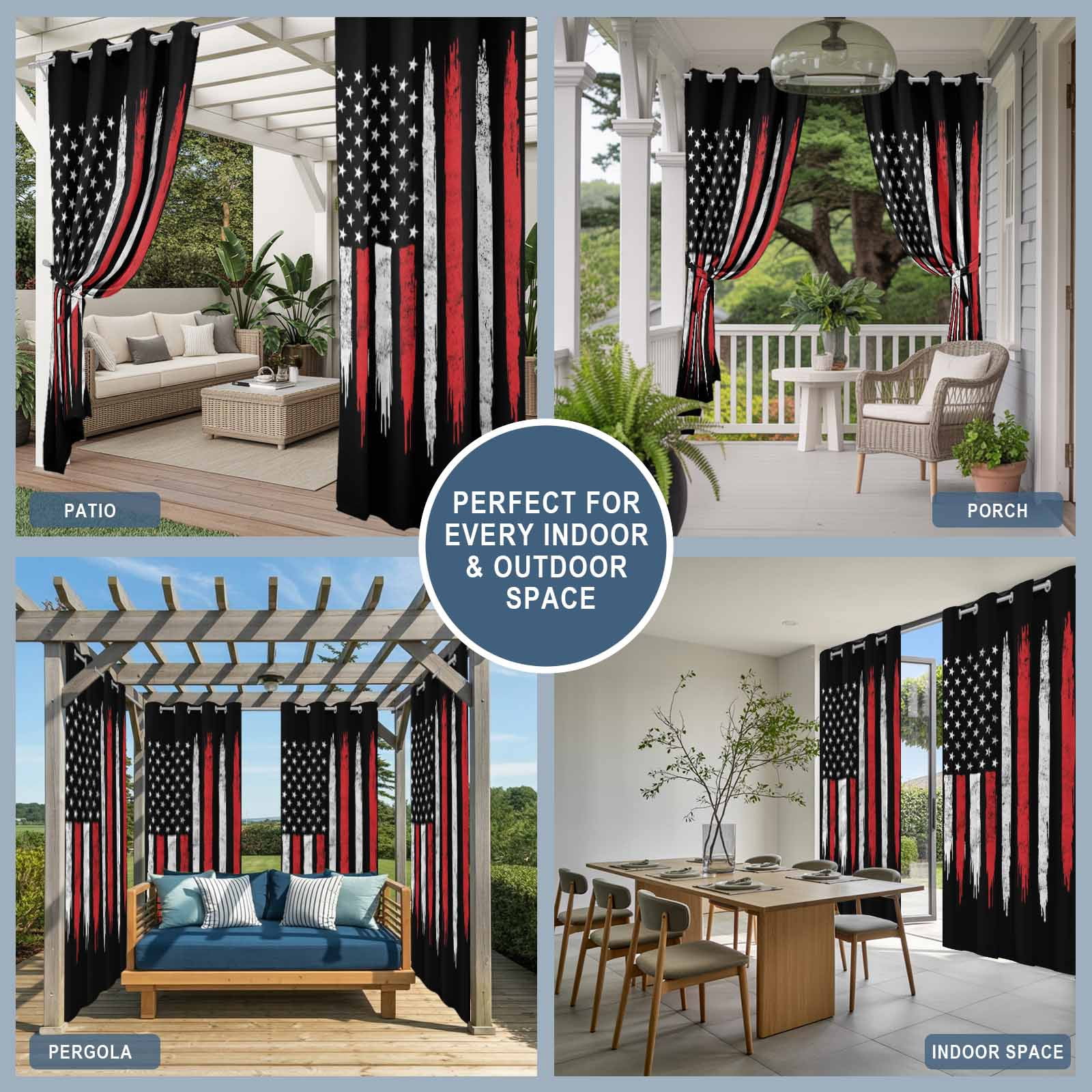 Independence Day Outdoor Curtains for Patio, USA Red White Star Stripes Black Sunshade Privacy Drapes Grommet Waterproof Outside Curtains for Porch/Cabana/Balcony 54"x 108", 1 Panel