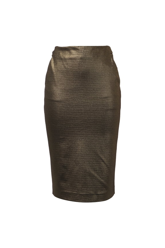 Pre-Owned Max Mara Textured Midi Pencil Skirt in Metallic Gold Polyamide