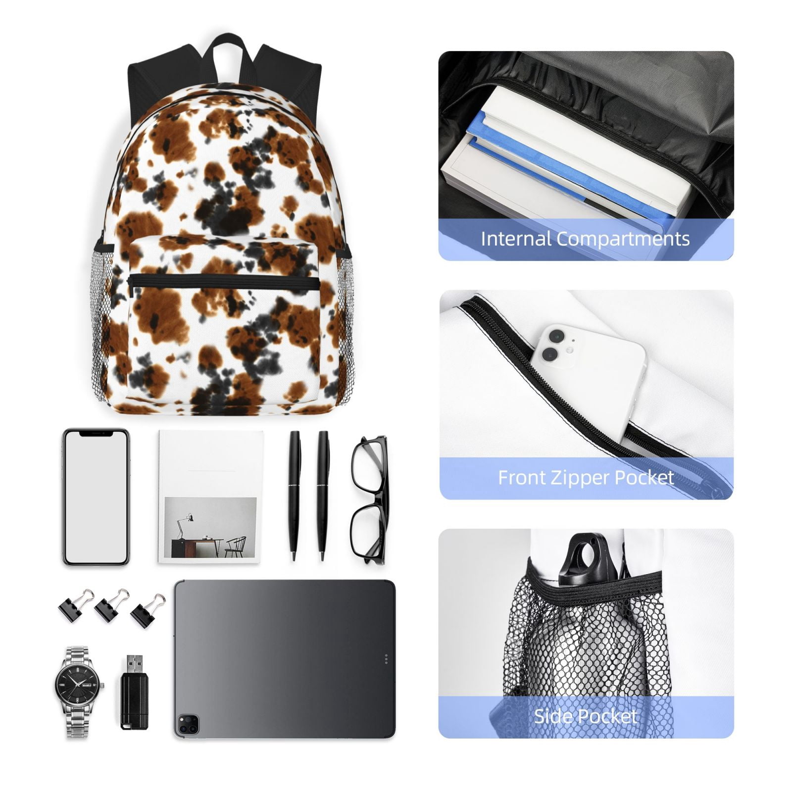 Horeoi Cow Tie Dye Print Casual Backpack for School Work Travel Hiking with Laptop Compartment and Side Pockets Lightweight Design