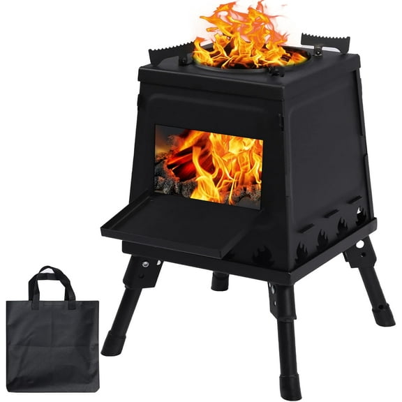 Wood Burning Camp Stove, Portable Cast Iron Camping Wood Stove, Black Woodstove with Carrying Case for Backpacking Outdoor Cooking