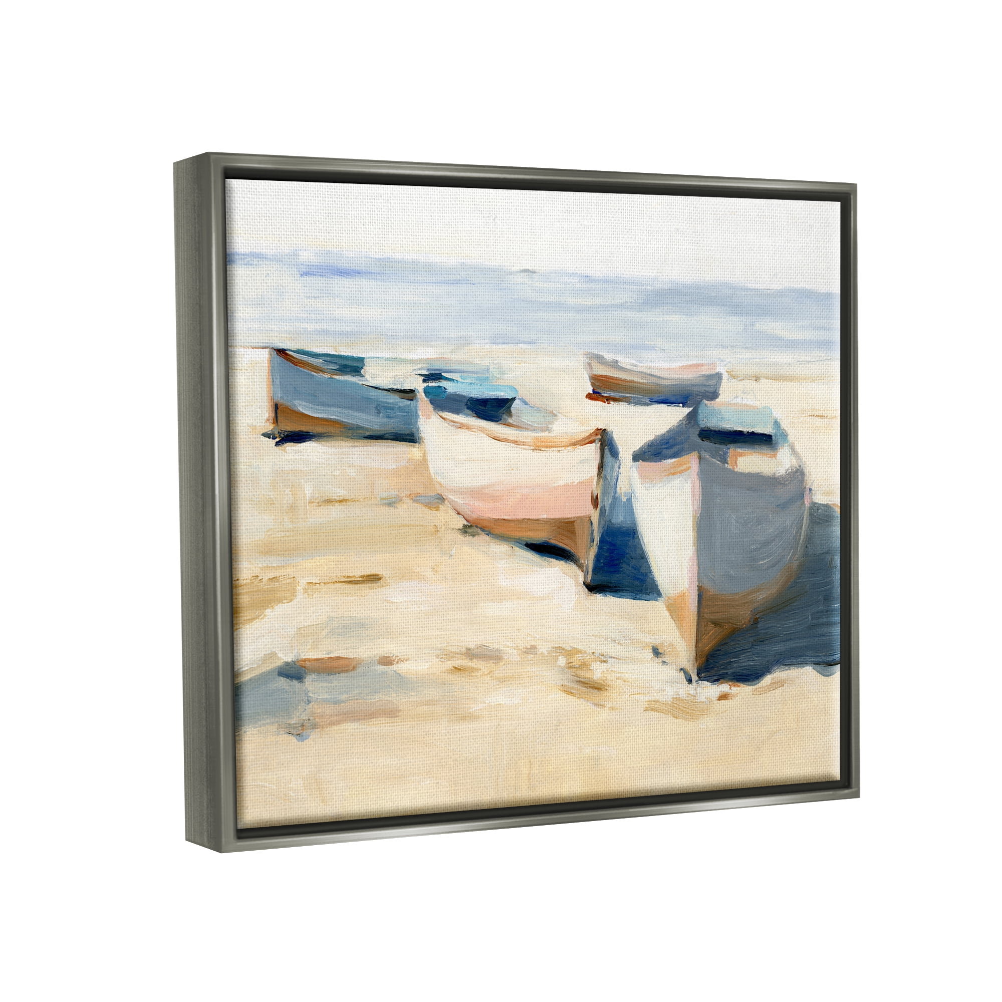 Stupell Industries Boats on Beach Painting Transportation Painting Gray Floater Framed Canvas Art Print Wall Art, 21 x 17