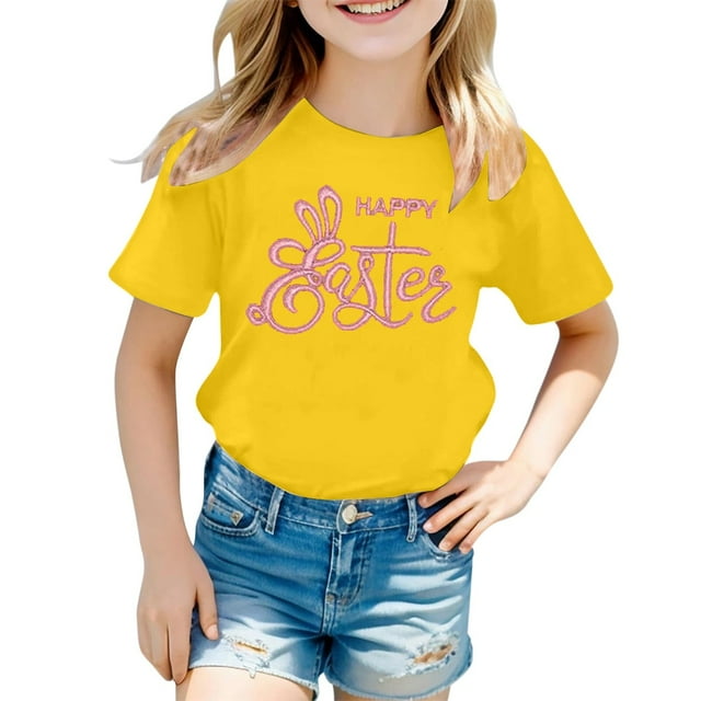 LUOGENLI T-Shirt pour Filles Ensemble Décontracté Mode Imprimé Col Rond Manches Courtes T-Shirt Maxi Tops Tenues 2 Pcs Plage Jaune 10-11 Ans