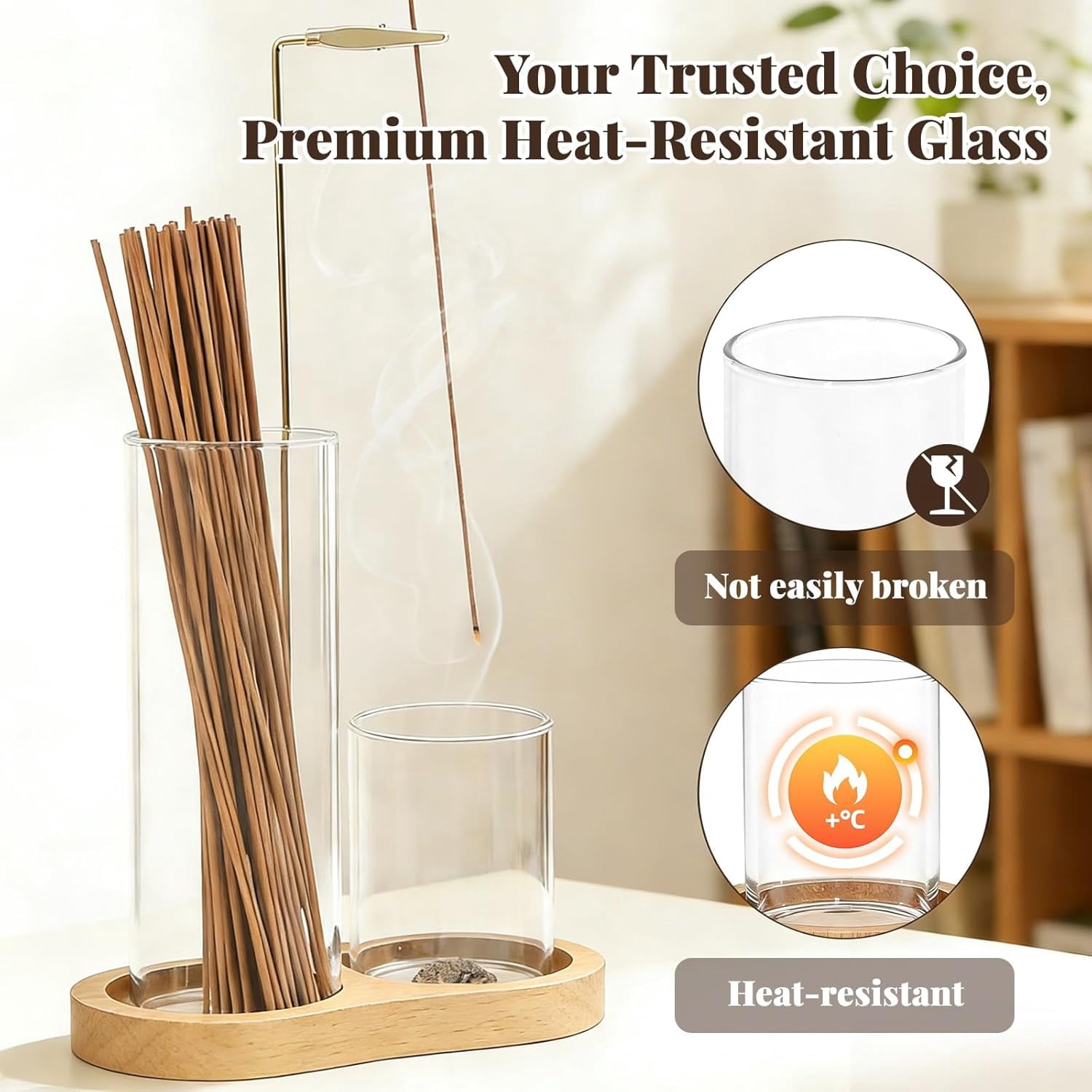 ABCISI 2-in-1 Glass Incense Holder with Ash Collector and Incense Stick Storage Upside Down Hanging Incense Holder,Anti-Splashing Design,Perfect for Meditation, Yoga, Spa, and Home Decoration,Natural
