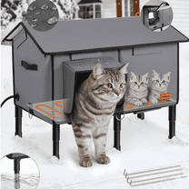 Large Heated Cat House Outdoor with Escape Door, Waterproof Pitched Roof Insulated Winter Cat Shelter with Heating Pad, Elevated Base Rain Eaves Warm Shelter for Multiple Cats, Stray & Small Animals