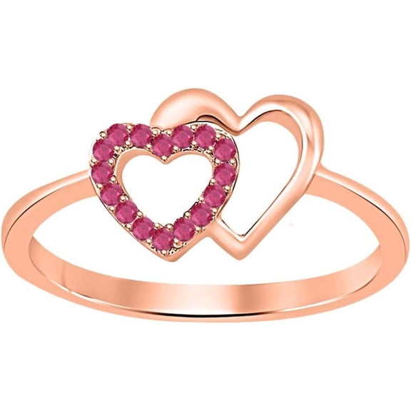 925 Sterling Silver 14K Rose Gold Plating Round Cut Gemstone Pink Ruby Double Heart Shape Valentine's Day Special Engagement Ring For Women