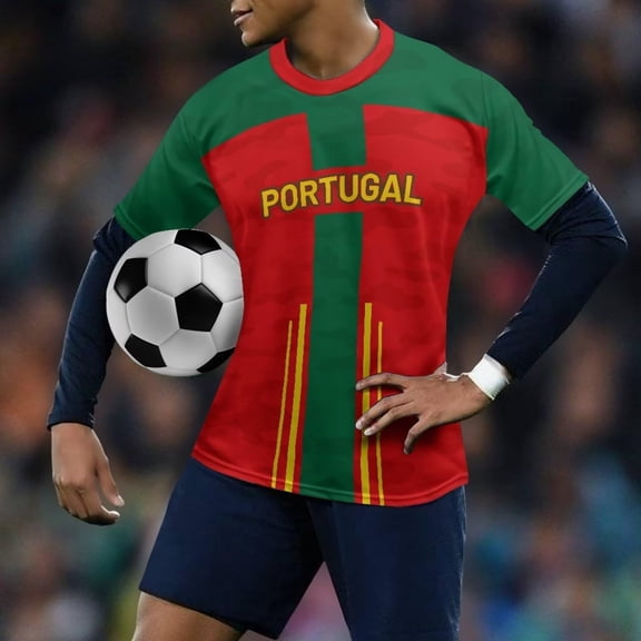 Mens Soccer Shirt Portugal Jersey Raglan Tops Short Sleeve Graphic T Shirt All Over Star Print Tee Fan Casual Tops TeeL