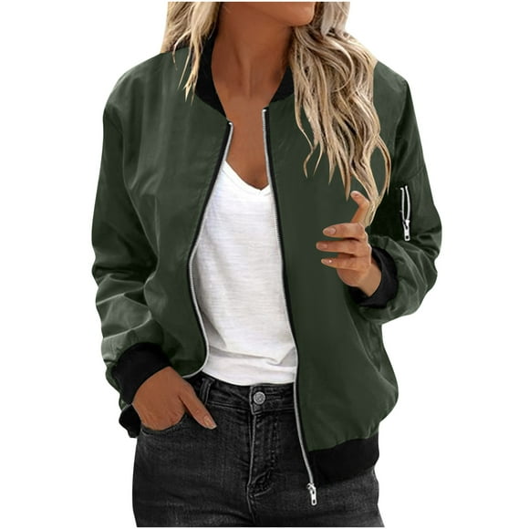 Wkishenl Zipper Side Sweatshirts for Women Lightweight Crewneck Casual Bomber Jackets Trendy Long Sleeve Cropped Fall Outerwear Coat with Pocket Green,XL