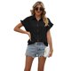 thumbnail image 1 of Blusa de manga corta plisada de verano Color sólido Cuello vuelto Puños con volantes Camisa holgada con botones para citas en el trabajo Negro M, 1 of 9