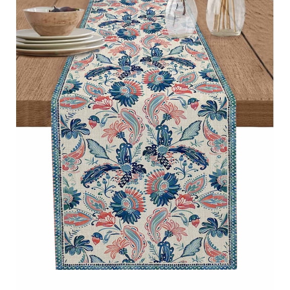 Table Runner Dresser Scarves 60 Inch Long,Abstract Paisley Flower Leaves Texture Linen Dining Table Runners Seamless Retro Floral Art Tabletop Scarf for Wedding Holiday Party Kitchen
