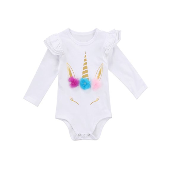 StylesILove Infant Baby Girl Unicorn 3D Ruffle Shoulder Long Sleeve Cotton Bodysuit (80/6-12 Months, White)