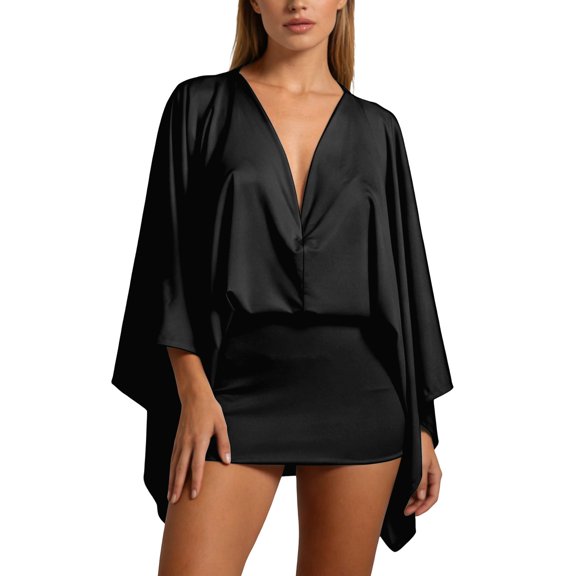 DHFJKG Summer Dresses For Women Casual Deep V Neck Solid Color 3/4 Flared Sleeve Slim Fit Bodycon Sexy Party Stylish Dresses