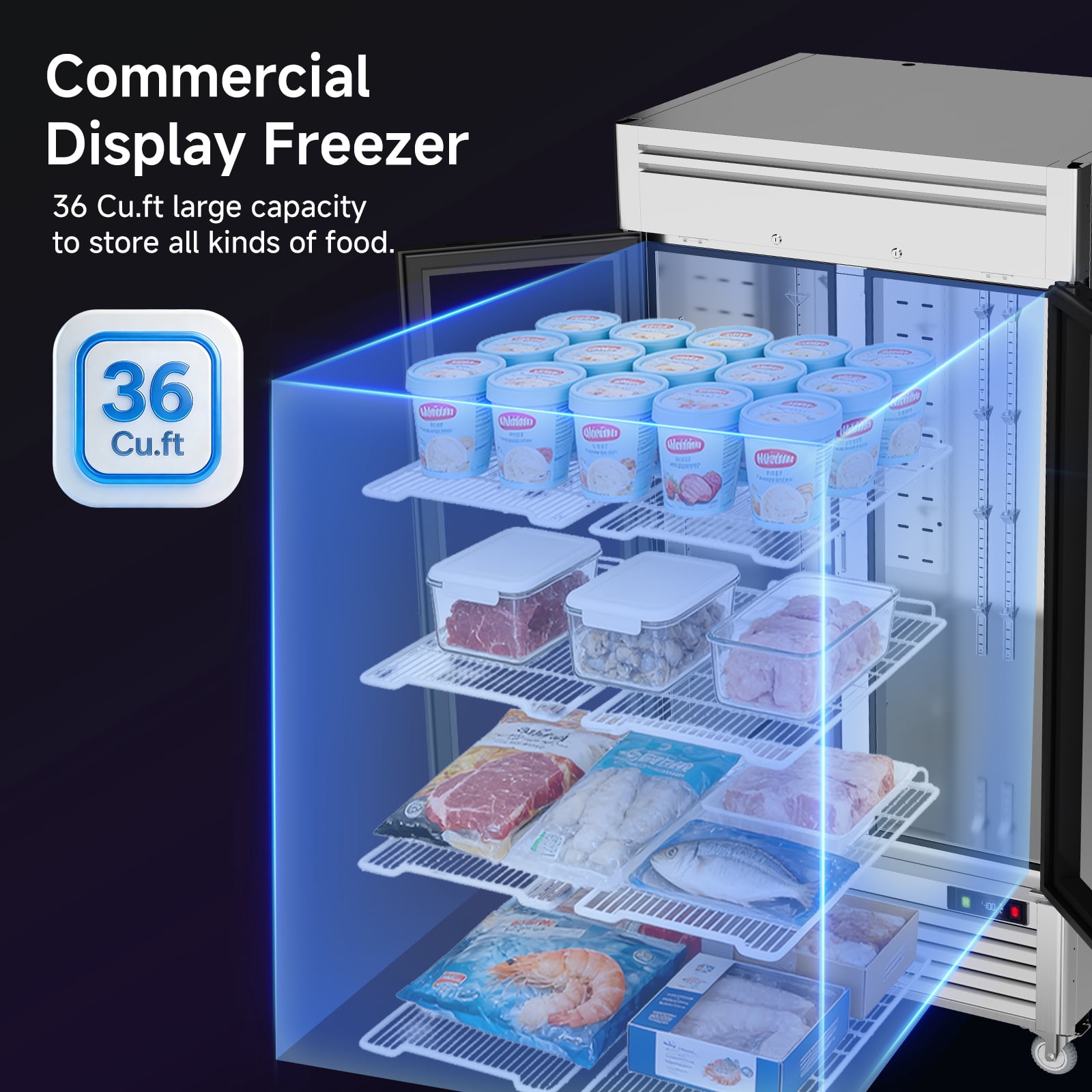 Coolake 40"W 36 Cu.Ft. Commercial Display Freezer, Stainless Steel Commercial Merchandiser Freezer with 2 Glass Doors
