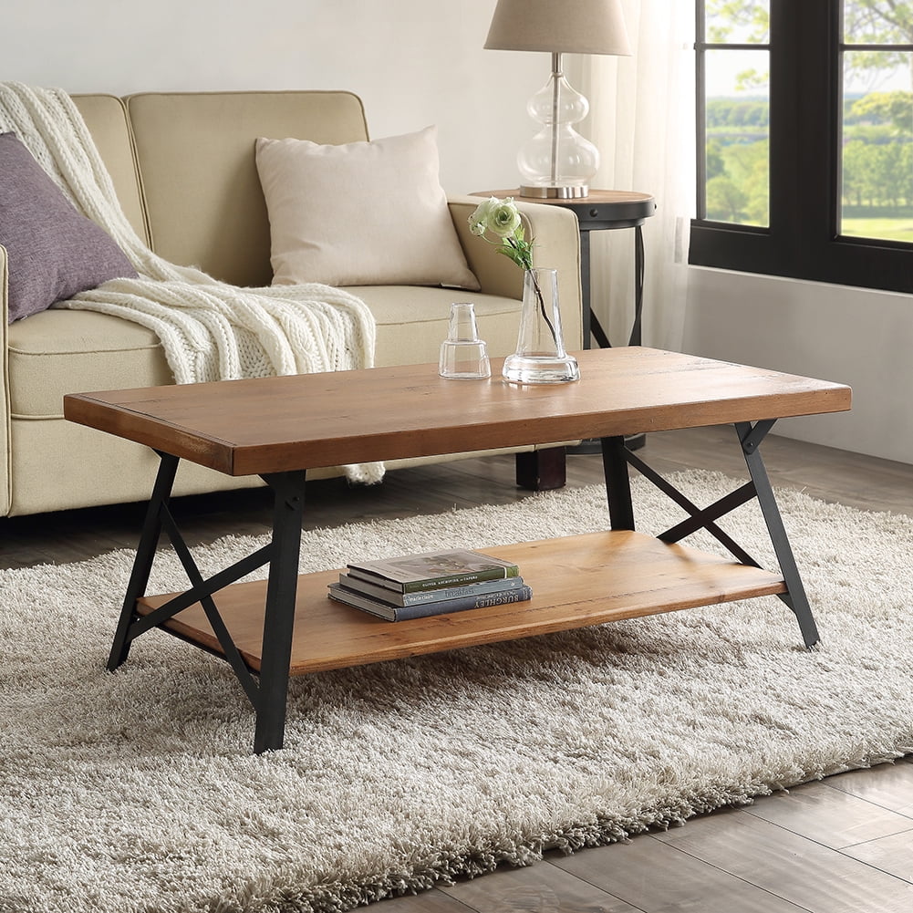 Private Jungle 43" Cocktail Wood & Metal Legs Coffee Table,Solid Wood Tabletop,Rustic Brown Private Jungle 43" Cocktail Wood & Metal Legs Coffee Table,Solid Wood Tabletop,Rustic Brown